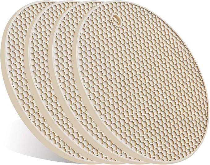 4 Pcs Trivets for Hot Dishes, Kitchen Heat Resistant Silicone Trivet, Extra Thick, Large, Non Slip (3. Beige)