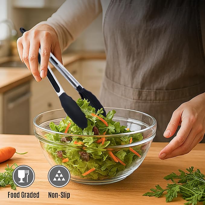 Kitchen Tongs with Silicone Tips, Set of 2 (9" & 12") Stainless Steel Tongs with Non-Slip Grip, Ideal for Cooking, Grilling, Serving, and Barbecue (BBQ), Non-Stick and Dishwasher Safe, Black