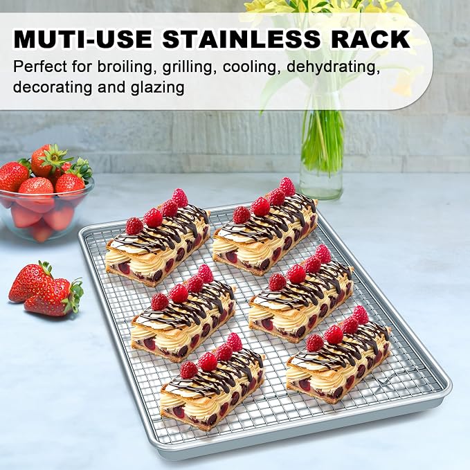 Half Sheet Pans with Rack Set, 13 Inch Commercial Quality Baking Sheet Pan Set, Natural Aluminum Cookie Sheet, Warp Resistant Nonstick Thick Cookie Tray Pans for Baking, Roasting