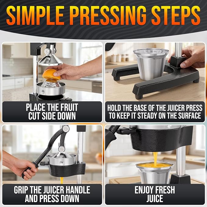 Cast Iron Manual Juicer, Heavy-Duty Squeezer – One Pull Extracts Full Juice with No Electricity – Manual Citrus Press Juicer & Orange Squeezer for Lemon, Lime, and Lemonade at Home or Bar (Black)