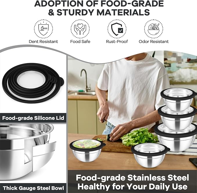 TeamFar Mixing Bowls Set, Stainless Steel Salad Bowl with Lids, Black | 4.5/3/1.5/1/0.7 QT, Metal Nesting Bowls with Visible Airtight Lids, For Serving/ Mixing/ Storing, Dishwasher Safe, Set of 5