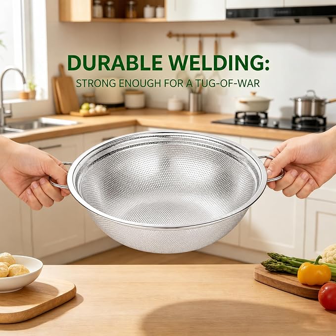 Stainless Steel Colander Set of 3 - Micro-Perforated Metal Strainer for Draining Pasta, Washing Rice & Rinsing Vegetables - Heavy Duty & Dishwasher Safe Kitchen Colanders - 2, 3, 5 Quart