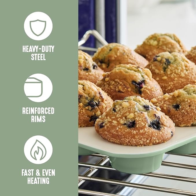 GreenLife 12-Cup Muffin Pan, PFAS-Free Healthy Nonstick Baking Tray, 11.4" x 1.9" x 15.9", Durable Ceramic Bakeware, Cupcakes, Egg Bites, Tarts, Brownies, Sage (Pack of 6)