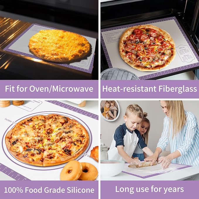 Silicone Pastrty Mat for Dough Rolling, Extra Thick Silicone Baking Mat, Fondant Mat for Making Cookies Macarons Bread Pizza Oven Mat, Silicone Mat for Baking Purple 26X16INCH