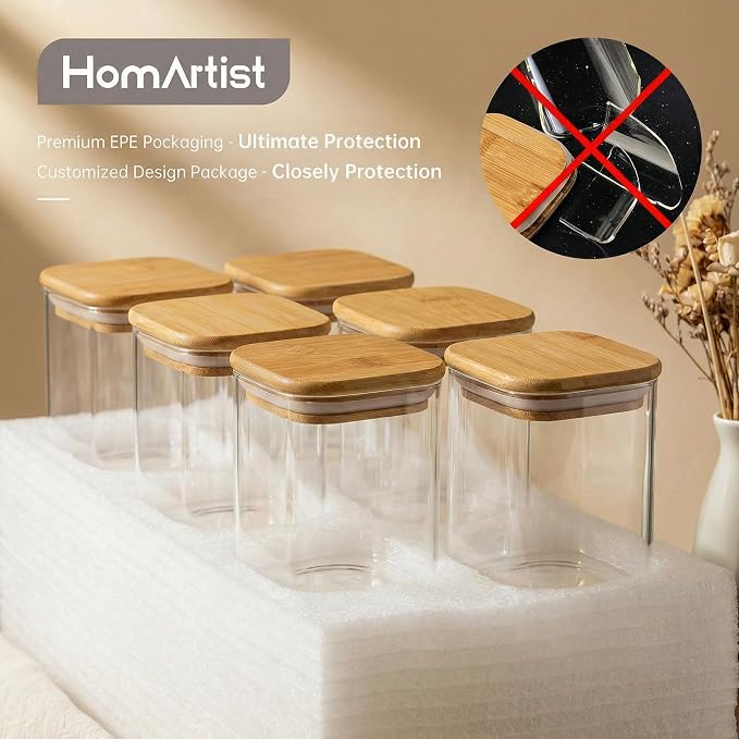 17 oz Square Glass Food Storage Containers with Airtight Bamboo Lids 12Pack | Stackable Small Pantry Jar for Spices, Nuts & Seed, Durable Borosilicate Glass Canister Keep Food Fresh, Easy to Fill & Clean