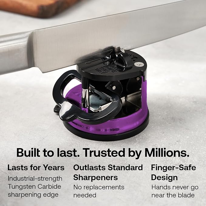 AnySharp – Pro – Hands Free Knife Sharpener - Easy to Use Sharpening Tool with PowerGrip Suction Base and 20-Degree Pre-Set Angle - for All Knives: Chef's, Serrated, and Hardened Steel - Purple (UV)