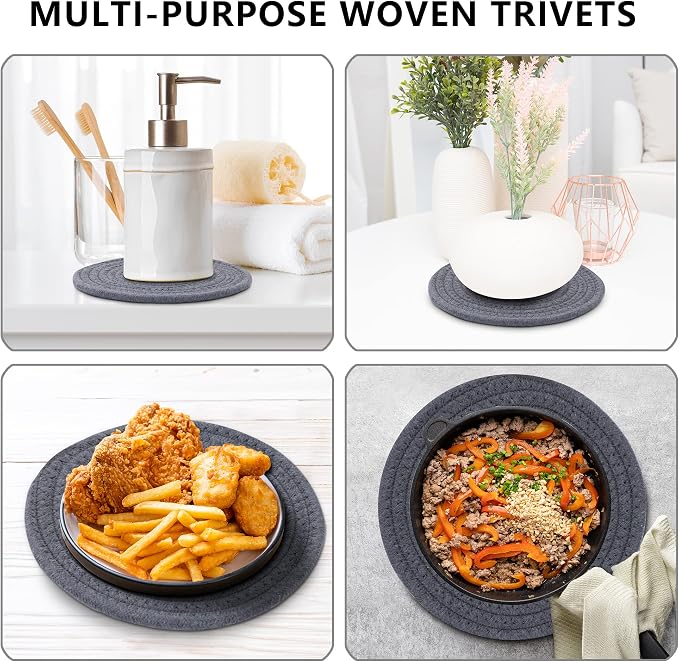 Coga Trivets for Hot Dishes, 4 Pack 7 Inch Cotton Hot Pads for Kitchen with Storage Basket, Round Pot Holders for Kitchen, Heat Resistant Mats for Countertop, Pots and Pans, Farmhouse Decor, Grey
