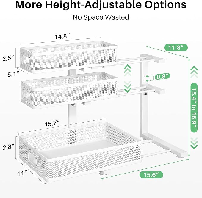 Kitstorack Under Sink Organizer, 2-Pack 3-Tier Height Adjustable Thickened Metal Pull out Cabinet Organizer Shelf, Slide out Storage Drawer Rack for Bathroom Kitchen Pantry Home Laundry Organization