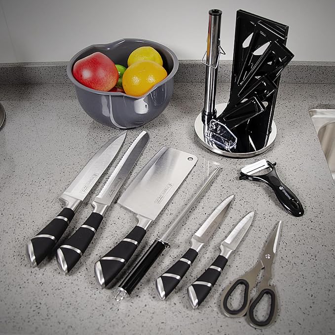 Kitchen Knife Set, 9Pcs Black Knife Set with Rotation Block, Ergonomical Handle,Non Stick Sharp Stainless Steel Chef Knife Block Set for Home Cooking Gift