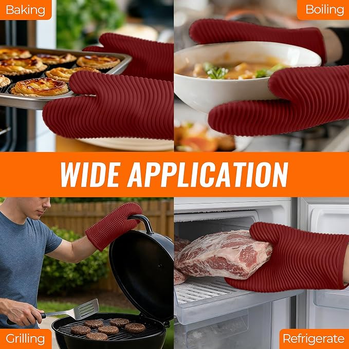 YUTAT Silicone Oven Mitts,Heat Resistant 2PCS Oven Mitts with Soft Polyester Filling Perfect for BBQ, Baking and Cooking,Red