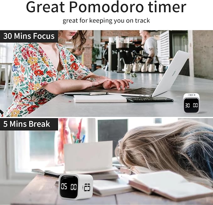 Productivity Timer Flip Gravity Sensor Cube Timer Countdown & Countup,Mute & Vibrate & Sound，5/10/30/60min & Custom Timing, Perfect for ADHD,Work,Learning,Kitchen Cooking (1Black)