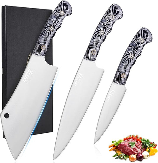 Topfeel 3PCS Professional Chef Knife Set, Ultra Sharp Japanese Kitchen Knife, German High Carbon Stainless Steel 8" Meat Cleaver 8" Chef's Knives 5" Utility Knife with Gift Box
