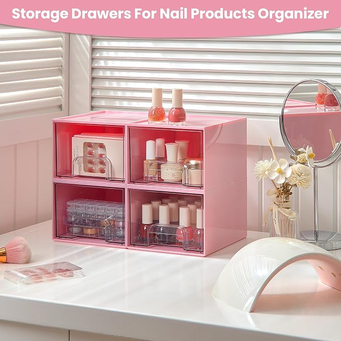 Vtopmart 4 Pack Small Clear Stackable Storage Drawers, Pink | Bathroom Makeup Accessories Organizer, Plastic Bins For Desk, Vanity, Undersink, Medicine Cabinet ,Home Organization