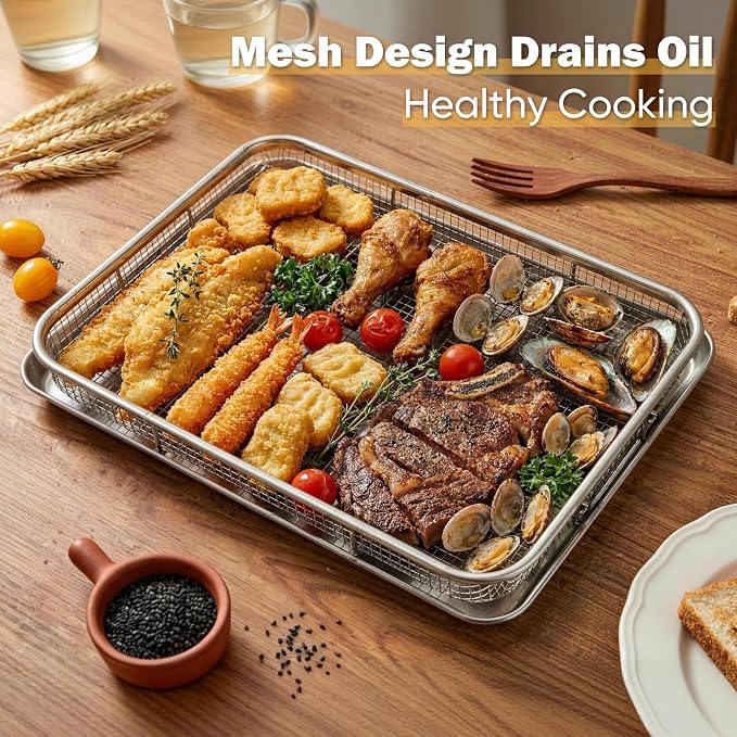 E-far Air Fryer Basket for Oven, Medium 12.5” x 9.6” Stainless Steel Air Fryer Pan and Crisper Tray, Air Fryer Rack with Baking Pan for Crisper Foods Frying Baking Roasting, Dishwasher Safe