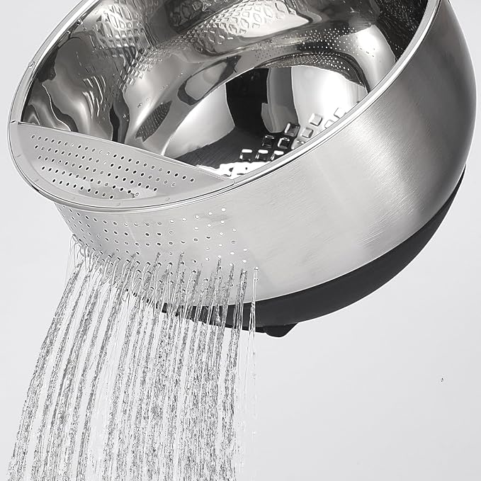 Rice Washer Strainer Bowl Quinoa Washing Bowl Stainless Steel Colander Versatile Side Drainers for Cleaning Rinsing Fruits, Vegetables, and Beans - Tilting Non-slip Silicone Bottom