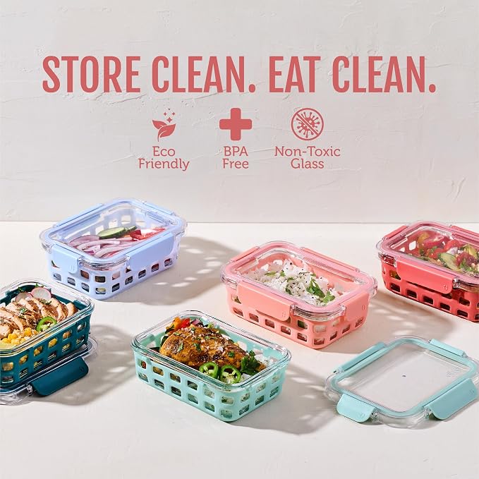 Ello Duraglass 3.4 Cup Glass Meal Prep Containers, 10 Pc, 5 Pack, Melon | Glass meal prep set with silicone sleeves, leakproof BPA-free lids, microwave and oven safe, freezer and dishwasher safe