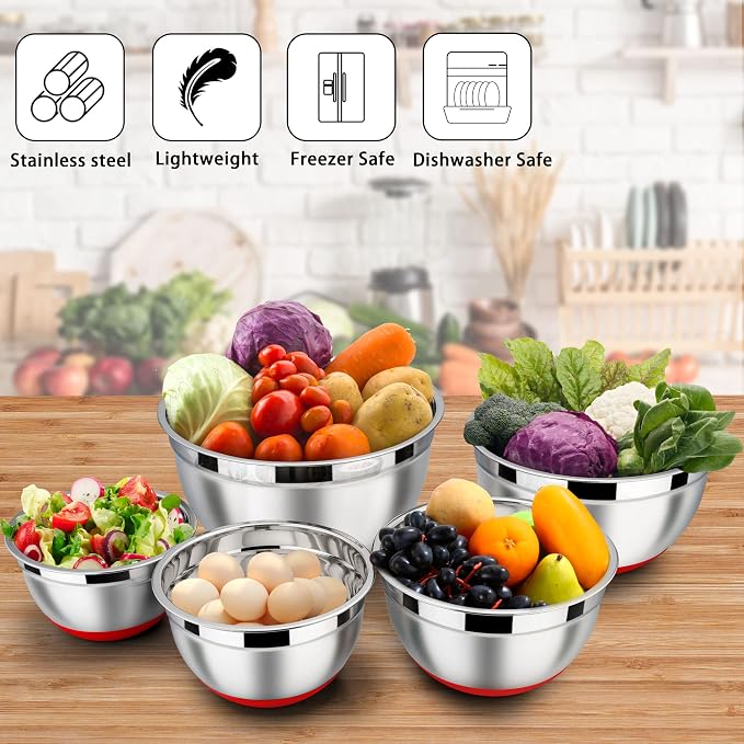 LIANYU Mixing Bowls Set of 6 with Airtight Lids, Non-slip Bottom | Large Metal Size 7, 3.5, 2.5, 2, 1.5, 1QT, Stainless Steel Nesting Bowls for Cooking, Baking, Food Storage, Red