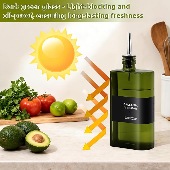 R DRURLCD 2 Pack UV-Protected Green Glass Olive Oil Dispenser Bottle Set,17 oz Curved Oil and Vinegar Stainless Steel Pourers,Funnel,Labels, Soy Sauce, Coffee Syrup Bottles for Kitchen