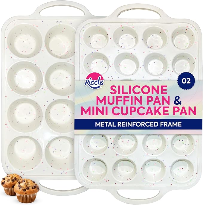 2 Pack Silicone Muffin Pans for Baking with Metal Reinforced Frame - Regular 12 Cup Silicone Muffin Pan & 24 Cup Mini Cupcake Pans - Silicone Cupcake Pan Set - Oven & Dishwasher Safe, BPA-Free
