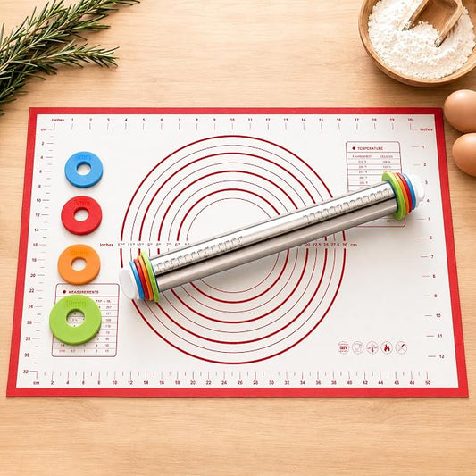 Adjustable Stainless Steel Rolling Pin & Non-Slip Silicone Baking Mat Set with Thickness Rings, Dough Roller with Guides & Pastry Mat for Fondant,Pizza, Cookies, Pies,Baking Supplies & Kitchen Gadgets