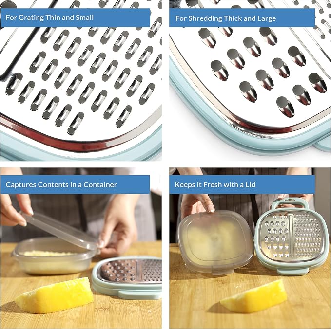 PortoFino Mini Box Grater with Handle, Cheese Grater with Container, 2 in 1 Design for Grating and Storage, Stainless Steel Food Grater with Plastic Storage Container, Dishwasher Safe, Small, Blue