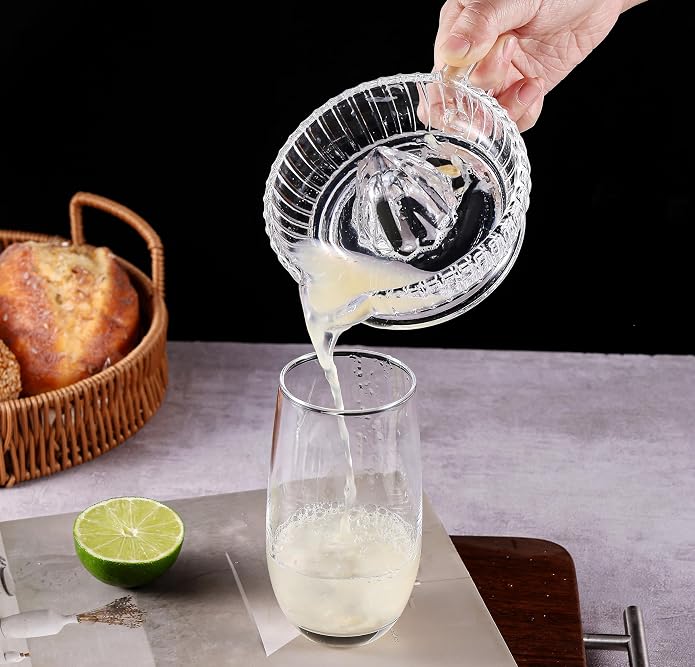 Manual Lemon Citrus Juicer with Handle and Pour Spout Clear Glass Orange Juice Extractor for Lime Home Kitchen Bar Gadget