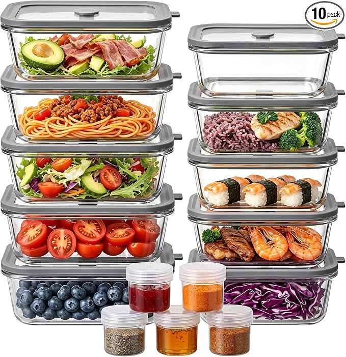 10Pack Glass Food Storage Containers with Glass Lids, 5 x 33oz & 5 x 21oz | Rectangular Meal Prep Containers , Leakproof, Microwave & Freezer Safe, BPA-Free Glass Meal Prep Bowls for lunches