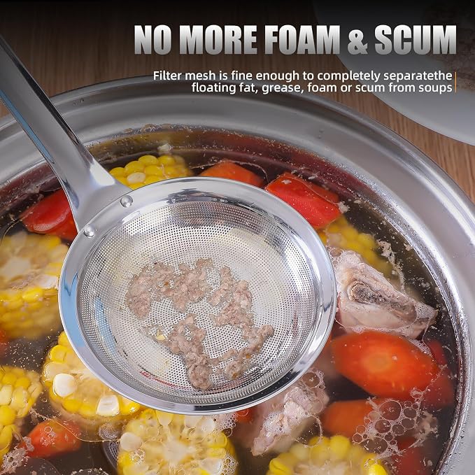 Multi-Functional Hot Pot Fat Skimmer Spoons For Cooking - Stainless Steel Fine Mesh Strainer Spoon, Slotted Spoons For Cooking, Fat Separator, Ladle Cooking Strainer Spoon (DIA 4.33")