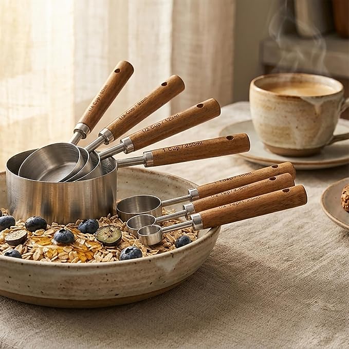 Measuring Cups and Spoons Set, Stainless Steel Metal measuring Cups with Wooden Handles, Great for Dry and Liquid Ingredients, Engraved Metric Markings, Nesting Design for Baking