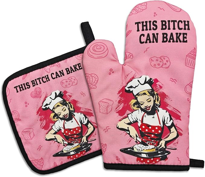 Funny Oven Mitts and Pot Holders（Set of 2） This Can Bake Heat Resistant Mitts Retro Silicone Non-Slip Oven Mitts Kitchen Gift for Men Women Great Birthday Gift for Bake Lover Chef Mom