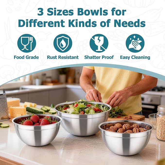 TeamFar Mixing Bowl Set, 4.5/3/1.5 QT Stainless Steel Nesting Salad Bowls with Airtight Lids, For Serving/Mixing/Storing/Prepping, Non-Toxic & Sturdy, Visible & Easy Clean, Dark Blue, Set of 3