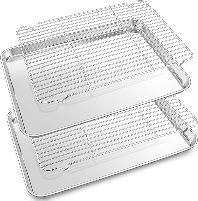 P&P CHEF 17.5 Inch Baking Sheet with Rack Set, Pans with Flat Racks | 2 Baking Sheets + 2 Cooling Wire Racks, Dishwasher & Oven Safe, Non-toxic & Lasting Use, Fit for Regular Oven