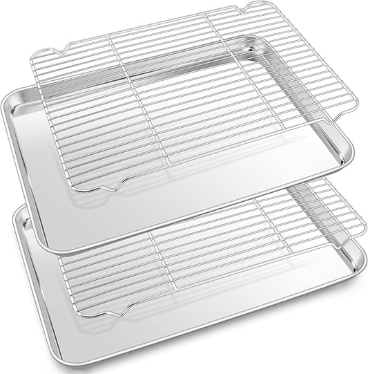 P&P CHEF 17.5 Inch Baking Sheet with Rack Set, Pans with Flat Racks | 2 Baking Sheets + 2 Cooling Wire Racks, Dishwasher & Oven Safe, Non-toxic & Lasting Use, Fit for Regular Oven