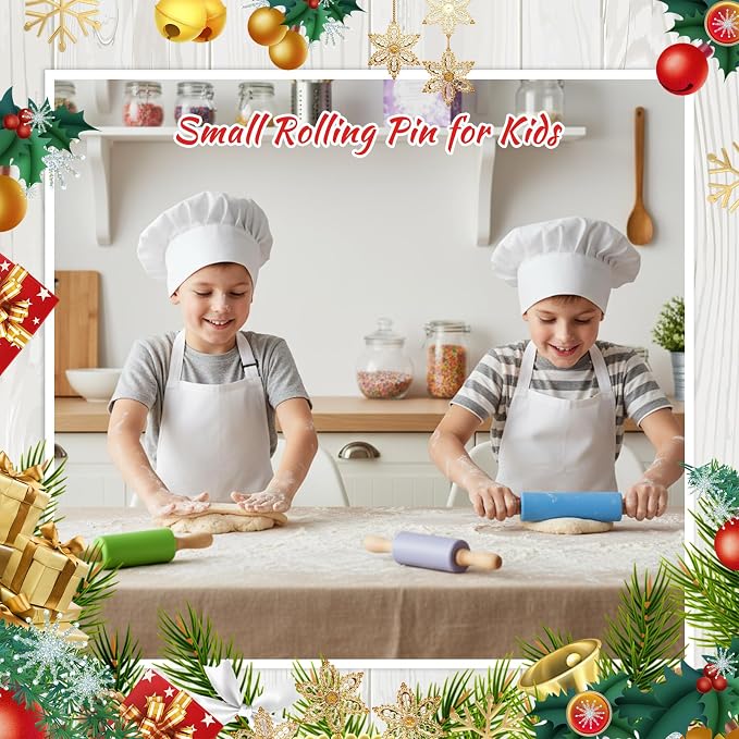10 Pcs Small Rolling Pin Kids 9 Inch Mini Rolling Pin Silicone Wooden Cooking Pins Baking 5 Colors Non Stick with Wooden Handle for Christmas Kitchen Dough Cookie Pastry Fondant Cake, Christmas Gifts