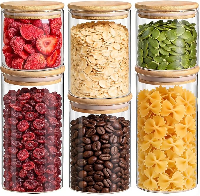 ComSaf Glass Storage Containers with Lids, Set of 6 Jars (0.6Qt/1Qt/1.5Qt) | Glass Pantry Storage Containers, Pantry Organization, BPA Free, Kitchen Canisters, Dry Food Flour Cereal Sugar Tea Coffee