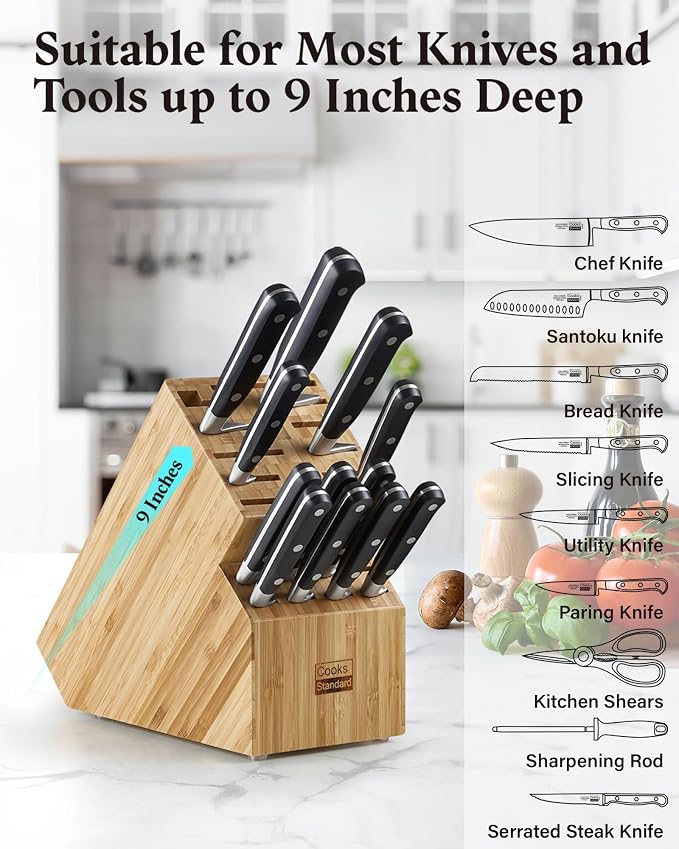 Cooks Standard Classic Bamboo Cutlery Block Holder without Knives, X-Large Universal Countertop Butcher Block Kitchen Knife Stand for Easy Kitchen Storage, Made of Natural Bamboo, 20 Slot