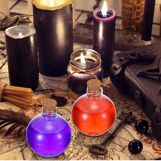 Layhit 24 Pcs Spherical Plastic Potion Bottles Ball Shape Round Bottles 3.4 oz Sand Art Jar with 5 Funnels Decorative ‌container Candy Jar for Valentines Birthday DIY Crafts(Brown,Cork Stopper)