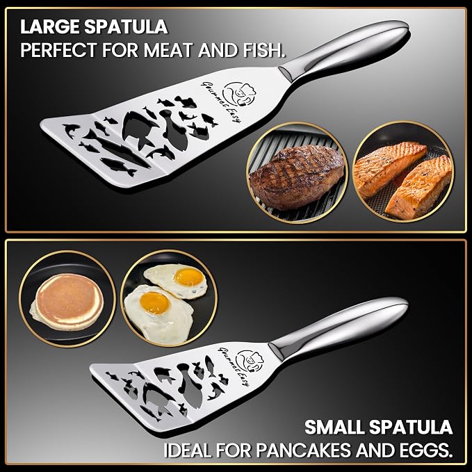 Stainless Steel Fish Spatula Set – Funky Fish Edition, 1 Large Fish Turner + 1 Small Metal Spatula, Ultra-Thin Edge for Easy Turning & Flipping, Ergonomic Non-Slip Handle, Dishwasher Safe
