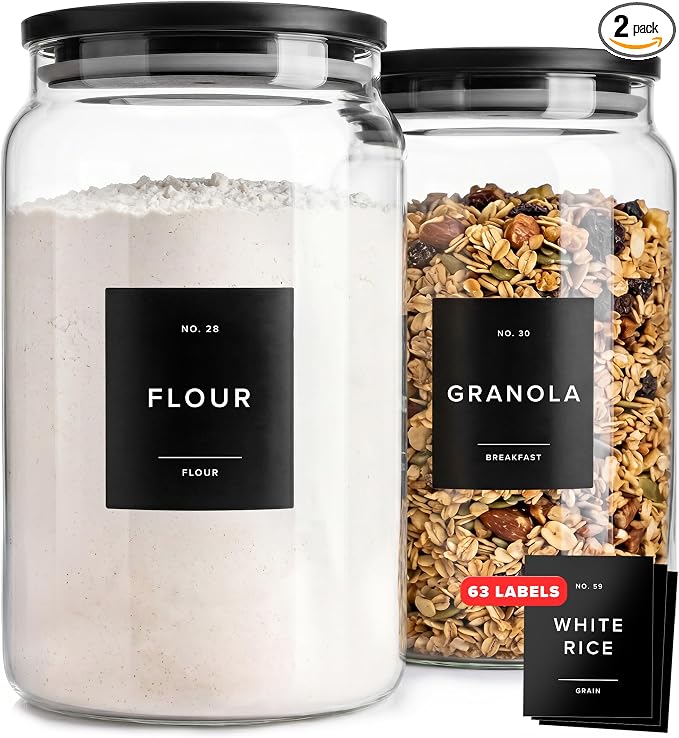 Glass Pantry Storage Jars Containers with Black Lids and Labels - Set of 2 | Extra Thick Round Glass Canisters with Black Lids and 63 Pre-printed Pantry Labels keeps dry Goods Fresh and Organized