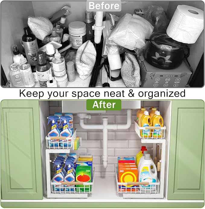 Under Sink Organizer 2 Pack, 11.7"W x 15.9"D x 13.8-16.9"H, White | Pull Out Kitchen Storage Cabinet Organizer, 2-Tier Under Sink Storage Rack for Bathroom Laundry Kitchen Storage with Drawer