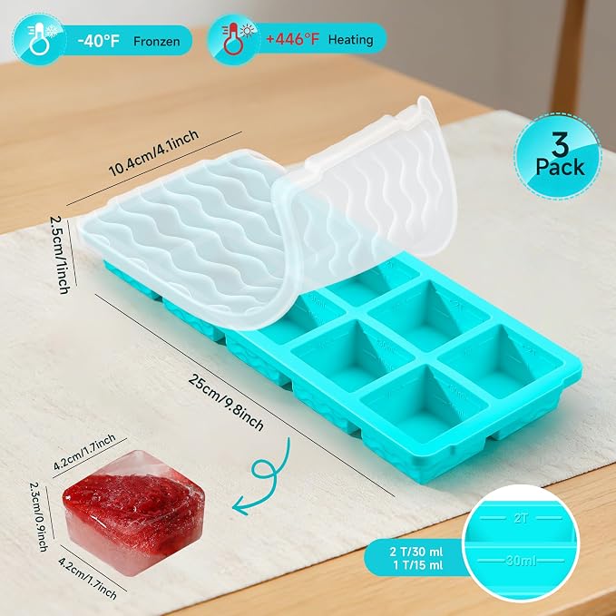 Ice Cube Tray with Lid – 3 Pack 2 Tbsp Ice Trays for Freezer, Stackable, BPA-Free, Easy Release Large Ice Cube Molds for Chocolate, Cocktails, Iced Coffee, Whiskey & Juice (10-cube,blue)
