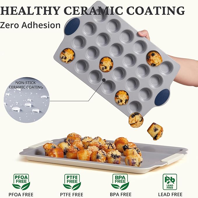 BRONYPRO 24-Cup Non Toxic Nonstick Ceramic Mini Muffin Pan & Cupcake Tin, PFOA & PFOA Free, Heavy Duty Rust-Resistant Aluminized Steel, Oven & Dishwasher Safe, Blue