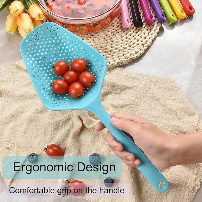 SEIWEI Large Strainer Spoon, Long Handle Tool Colander Draining Scoop, Heat-Resistant Pasta Strainer Cooking Kitchen for Spaghetti, Noodles, Veggies, Non-Slip Grip & Hanging Loop, 13.5'', Red