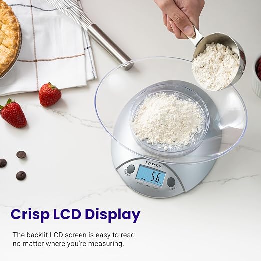 Etekcity Food Kitchen Scale with Bowl, 11lb/5kg, Grams and Ounces | Removable bowl with tare, backlit display, ideal for baking, meal prep, dieting and weight loss