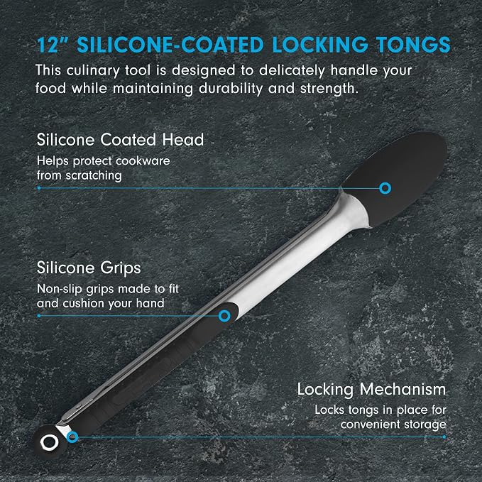 Messermeister Silicone Coated Locking Tongs, 12” - Black - Stainless Steel Rivet & Non-Slip, Silicone Tip & Handle - Heat Resistant Up to 430 Degrees Fahrenheit - Dishwasher Safe