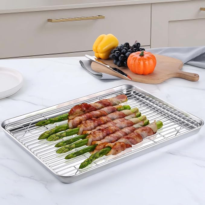 Homikit Baking Half Sheet with Wire Cooling Rack Set (2 Pans+2 Racks) | 18x13 Inch Stainless Steel Cookie Sheets & Cooling Racks, Large Metal Bacon Crisp Trays, Oven & Dishwasher Safe, Non Toxic
