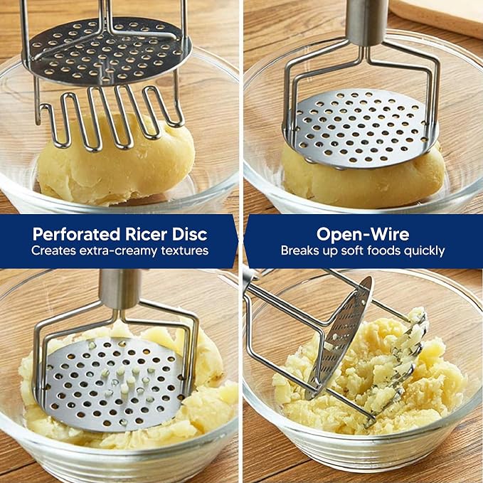 HIC Kitchen Dual-Action Potato Masher And Ricer, 18/8 Stainless Steel, Wire Masher With Built-In Ricer Disc For Extra-Creamy Potatoes