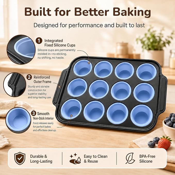 2 Pack Silicone Muffin Pans for Baking, 12-Cup Muffin Tin with Metal Frame | 2 Pack value, 12-Cup muffin pans, Reinforced metal frame, Easy release cups, Nonstick silicone, Oven & dishwasher safe
