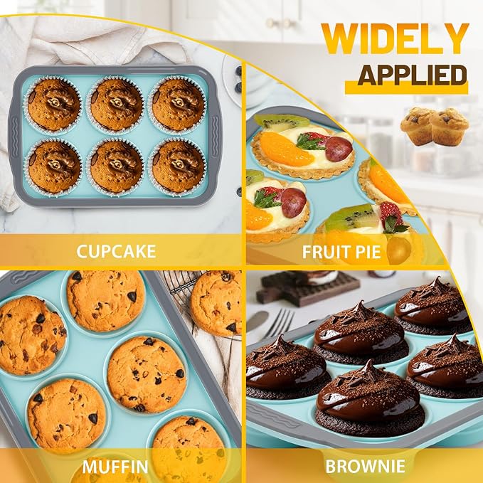 Silicone Muffin Pan, 6 Cups Non-Stick Cupcake Pan, Food-Grade BPA-Free Muffin Tin, Oven-Safe 450 °F, Reinforced Steel Frame, Easy-Grab Handles, Quick-Release 2.7" Baking Molds for Mini Treats