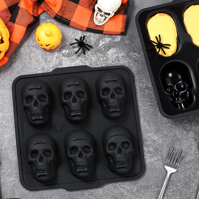 FUNBAKY Skull Baking Pan, Muffin Pan with Metal Reinforced Frame, Silicone Skull Cake Mold - Halloween Nonstick Large Molds for Baking with Handle (2 pack)